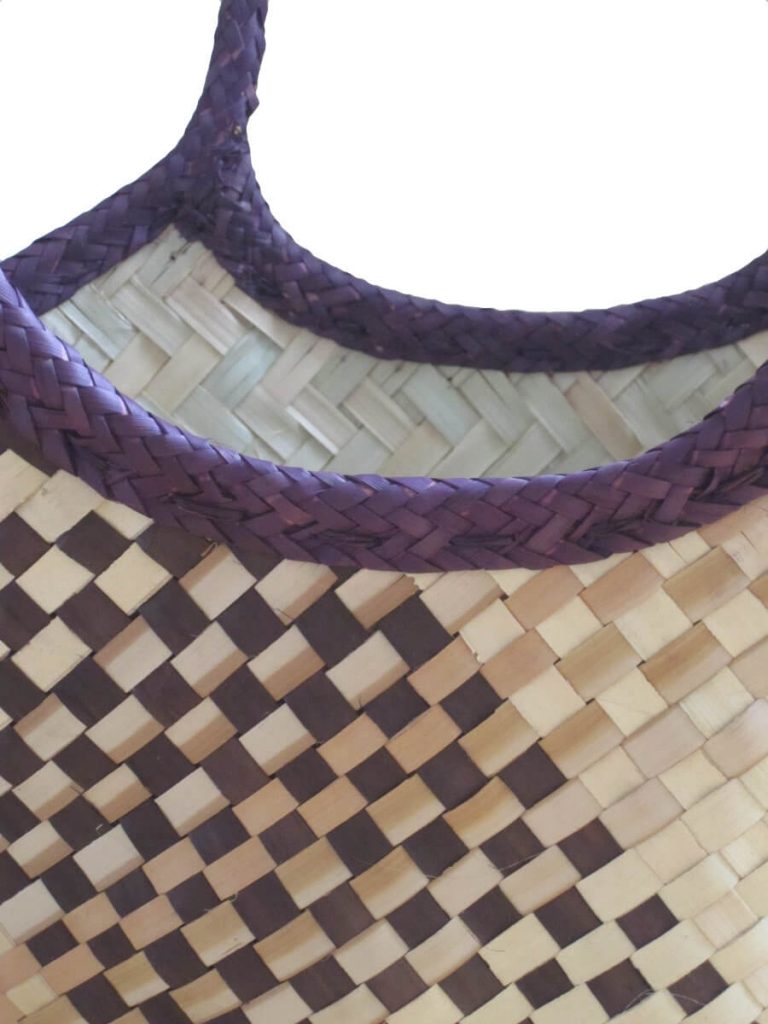 Close-up view Check Purple design 2 Tote Bag done at individually crafted in the Masasi area using traditional techniques, African Palms