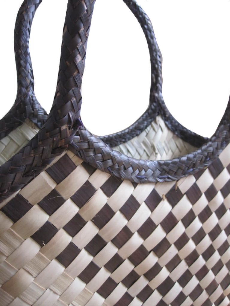 Close-up view Check Brown design Tote Bag done at individually crafted in the Masasi area using traditional techniques, African Palms