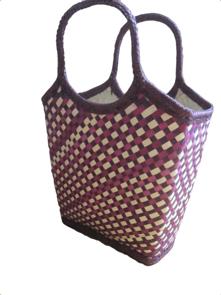 Side view Check Purple design Tote Bag done at individually crafted in the Masasi area using traditional techniques, African Palms