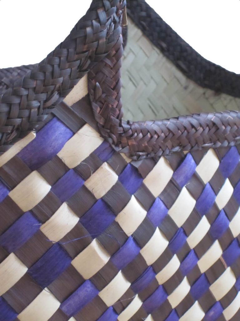 Close-up view Check Purple design Tote Bag done at individually crafted in the Masasi area using traditional techniques, African Palms