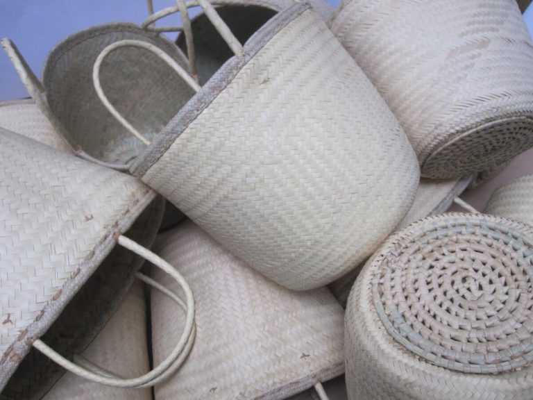 Round tote bags done at individually crafted in the Masasi area using traditional techniques, African Palms