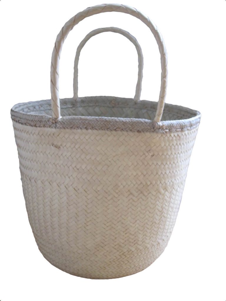 Front view round tote bag done at individually crafted in the Masasi area using traditional techniques, African Palms