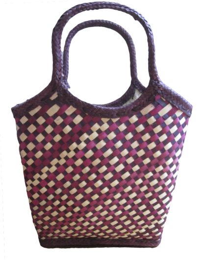 Front view Check Purple design Tote Bag done at individually crafted in the Masasi area using traditional techniques, African Palms
