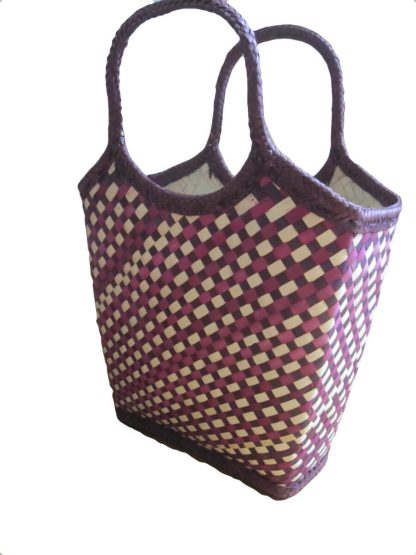 Side view Check Purple design Tote Bag done at individually crafted in the Masasi area using traditional techniques, African Palms